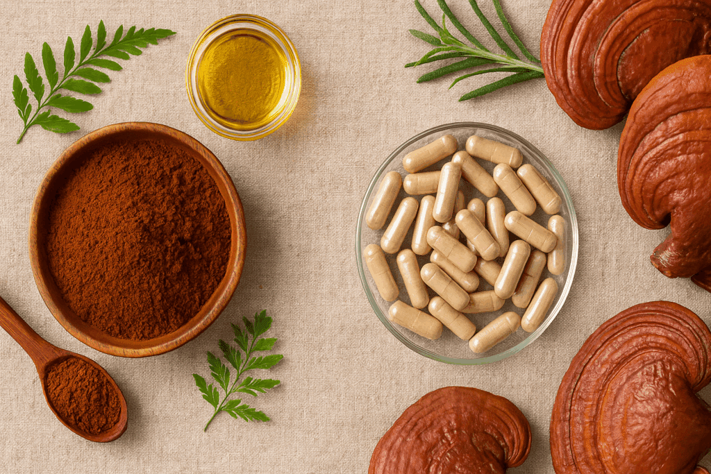 Flat lay showing red reishi powder and reishi mushroom capsules side-by-side with natural herbs, highlighting supplement forms explored in does reishi make you sleepy discussions