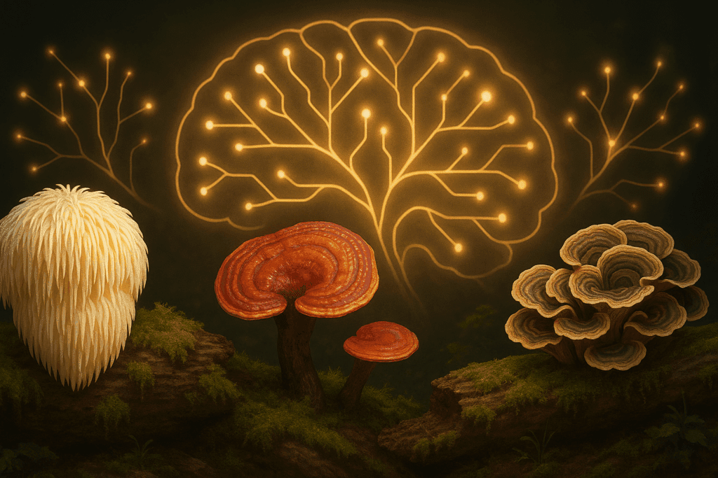 Mossy forest logs with Lion’s Mane, Reishi, and Turkey Tail mushrooms glowing beneath neural pathways, symbolizing the brain-boosting effects of xiaga drops.