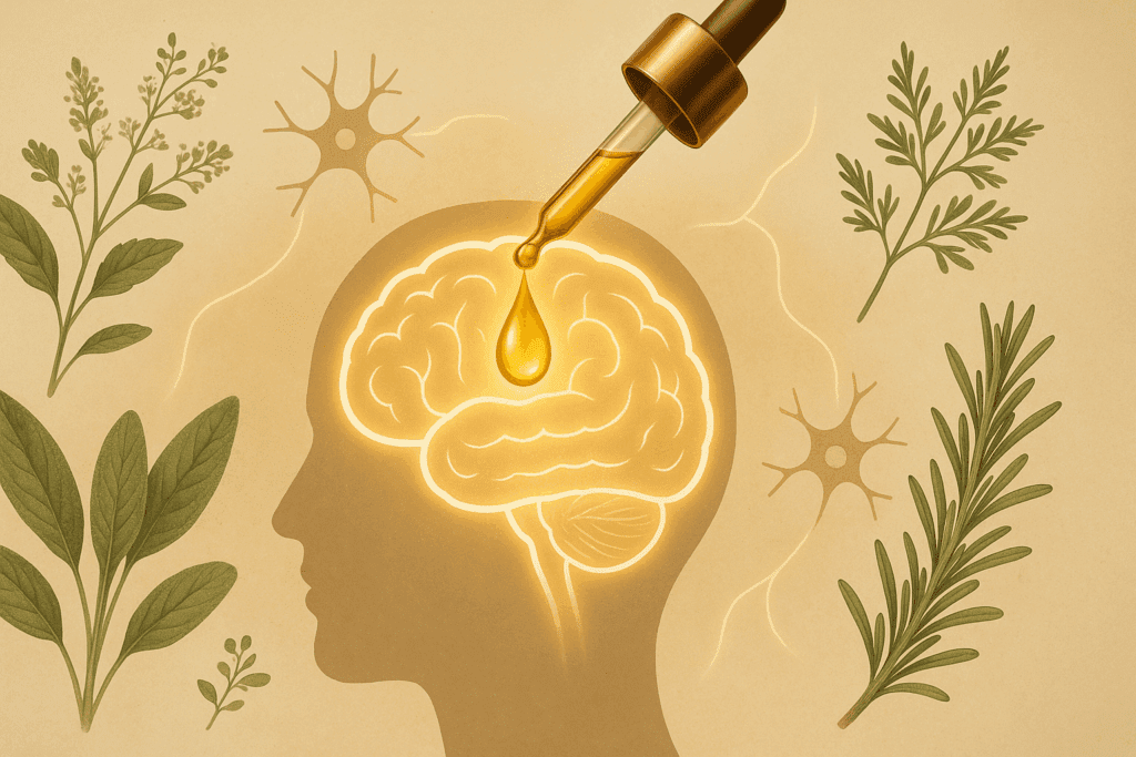 Golden xiaga drops falling from a dropper into a glowing brain silhouette, surrounded by botanical herbs and neuron symbols on a natural-toned background
