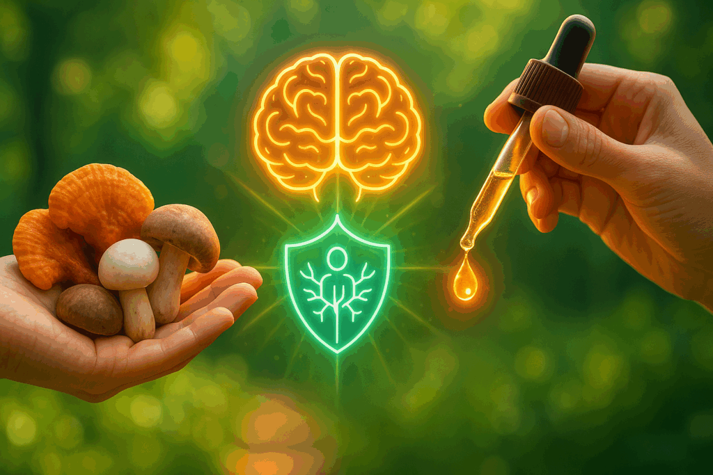 Hands holding nootropic mushrooms and xiaga drops merging over a glowing brain and immune system in a forest setting