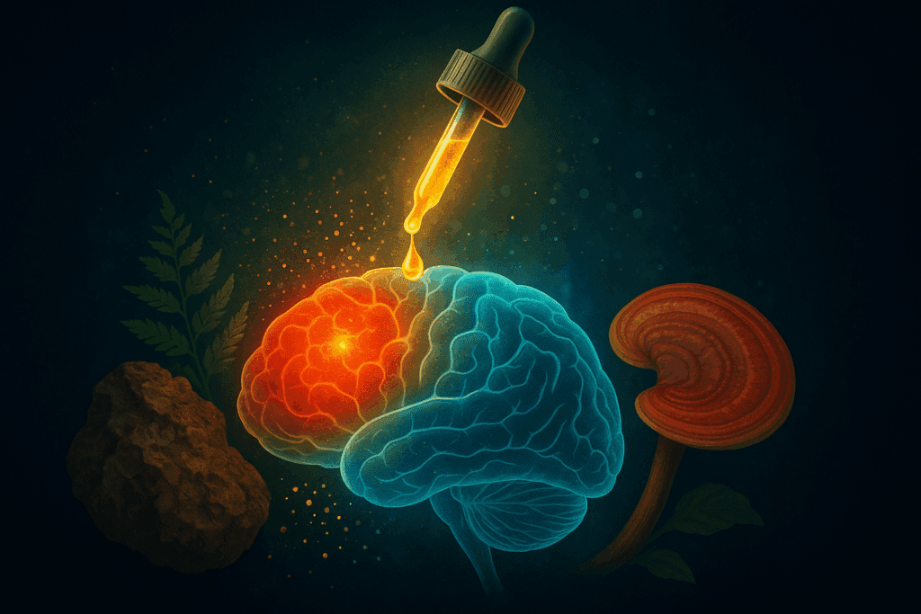Glowing xiaga drops entering a human brain with inflamed areas calming, surrounded by detoxifying chaga and reishi mushrooms.