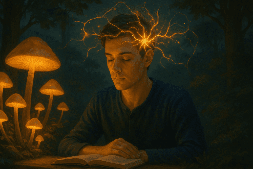 Person meditating in a forest surrounded by glowing mushrooms with neural energy connecting to nature, symbolizing enhanced focus from xiaga drops.