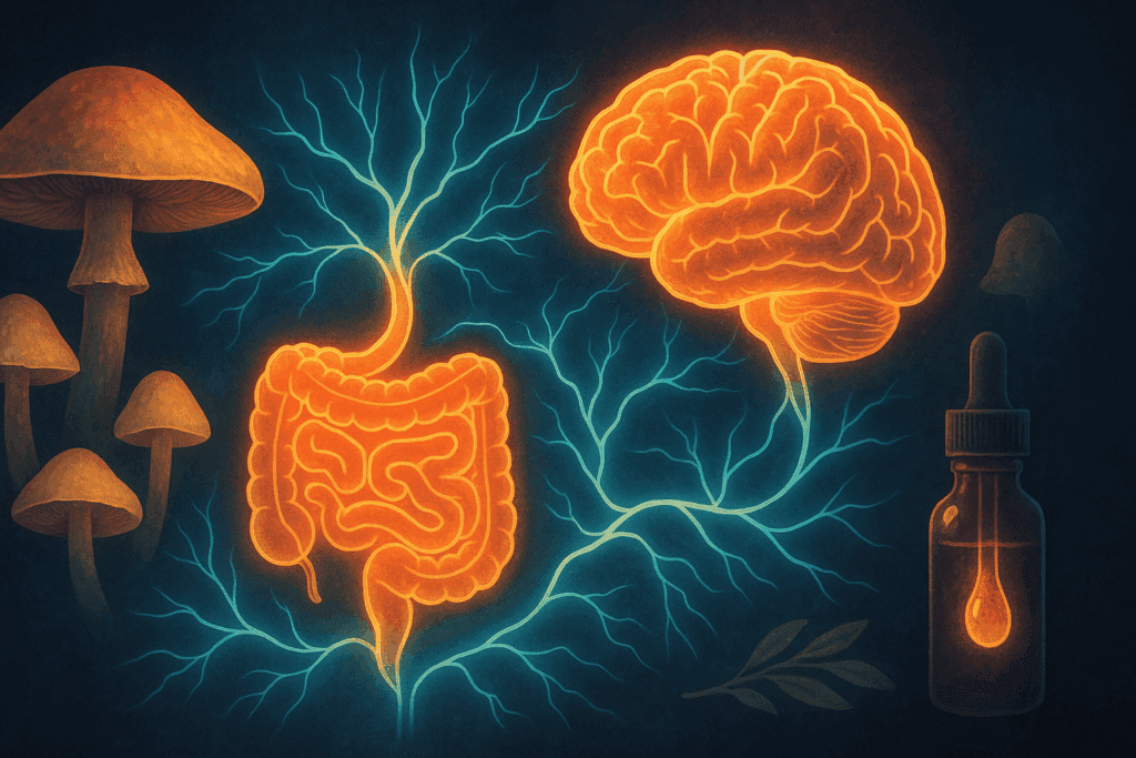Artistic diagram of the gut-brain axis with glowing nerves linking a human brain and digestive tract, surrounded by mushrooms and xiaga drops.