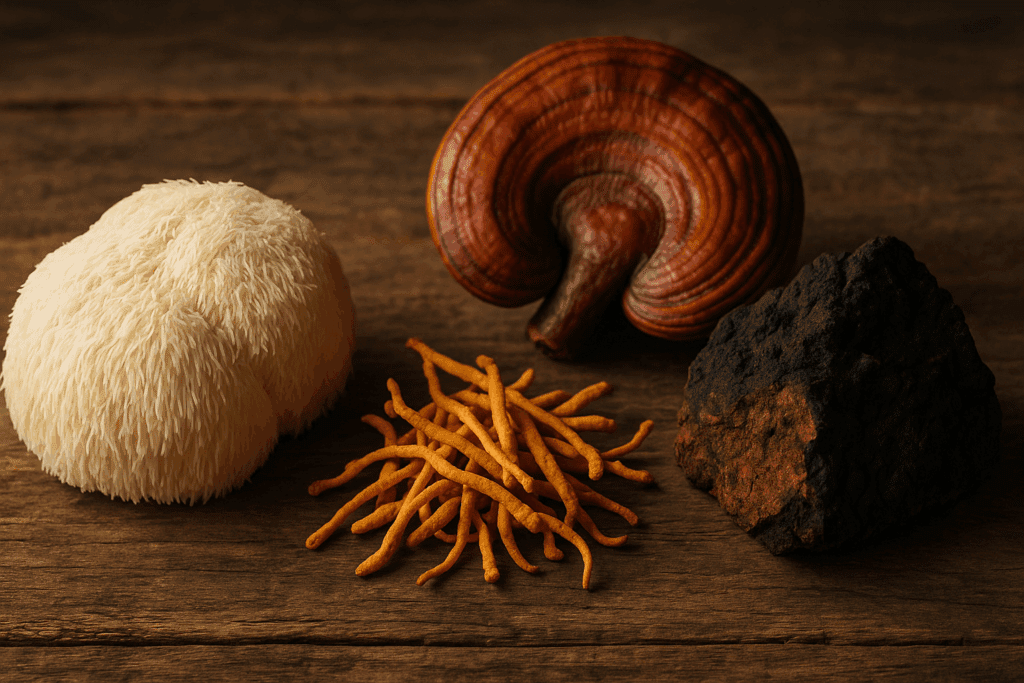 Lion’s Mane, Reishi, Cordyceps, and Chaga mushrooms arranged on rustic wood surface, showcasing ingredients in a super mushroom supplement
