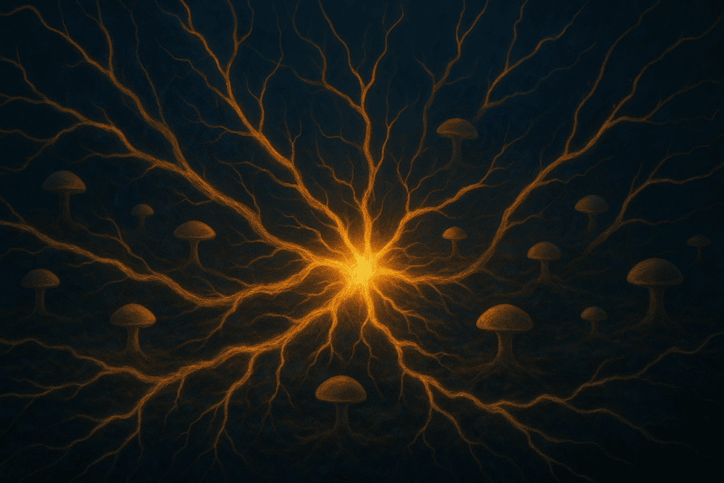 Glowing neural pathways illuminated across a dark background with subtle mushroom shapes, symbolizing the cognitive effects of a super mushroom supplement.