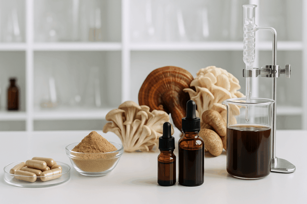 Laboratory setup featuring capsules, tinctures, and powder forms of a super mushroom supplement with mushrooms and extraction equipment in the background