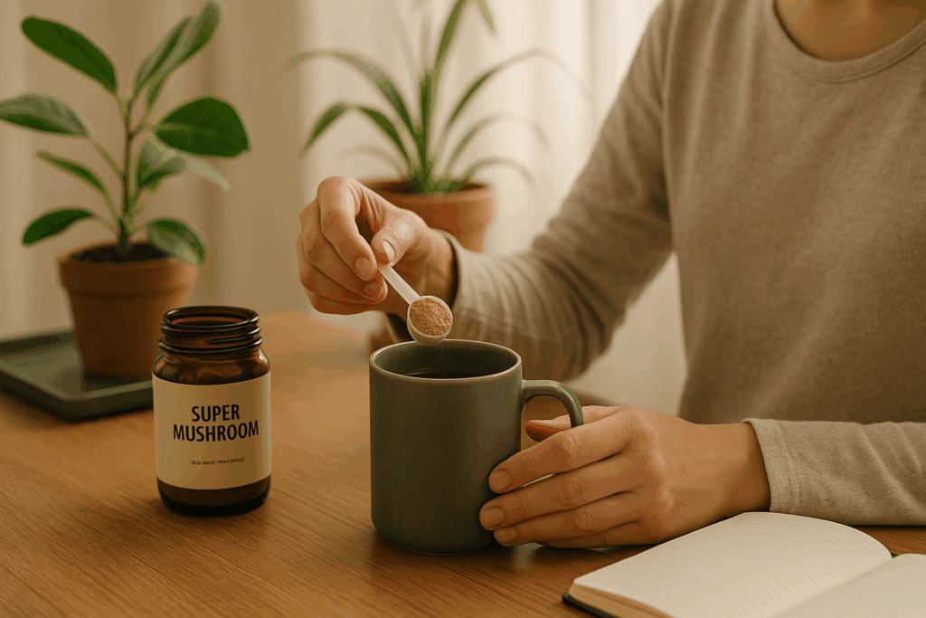 Person mixing a super mushroom supplement into morning tea beside green plants and a journal in a sunlit, peaceful setting