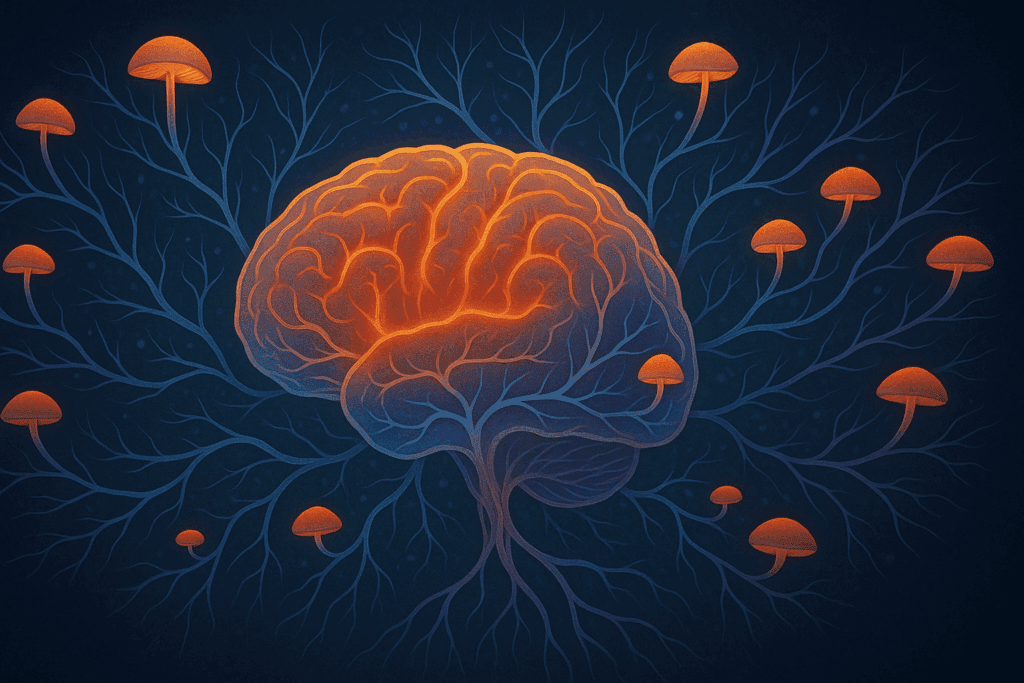 Glowing human brain branching like neural roots with mushrooms growing from synapses, symbolizing cognitive growth from a super mushroom supplement