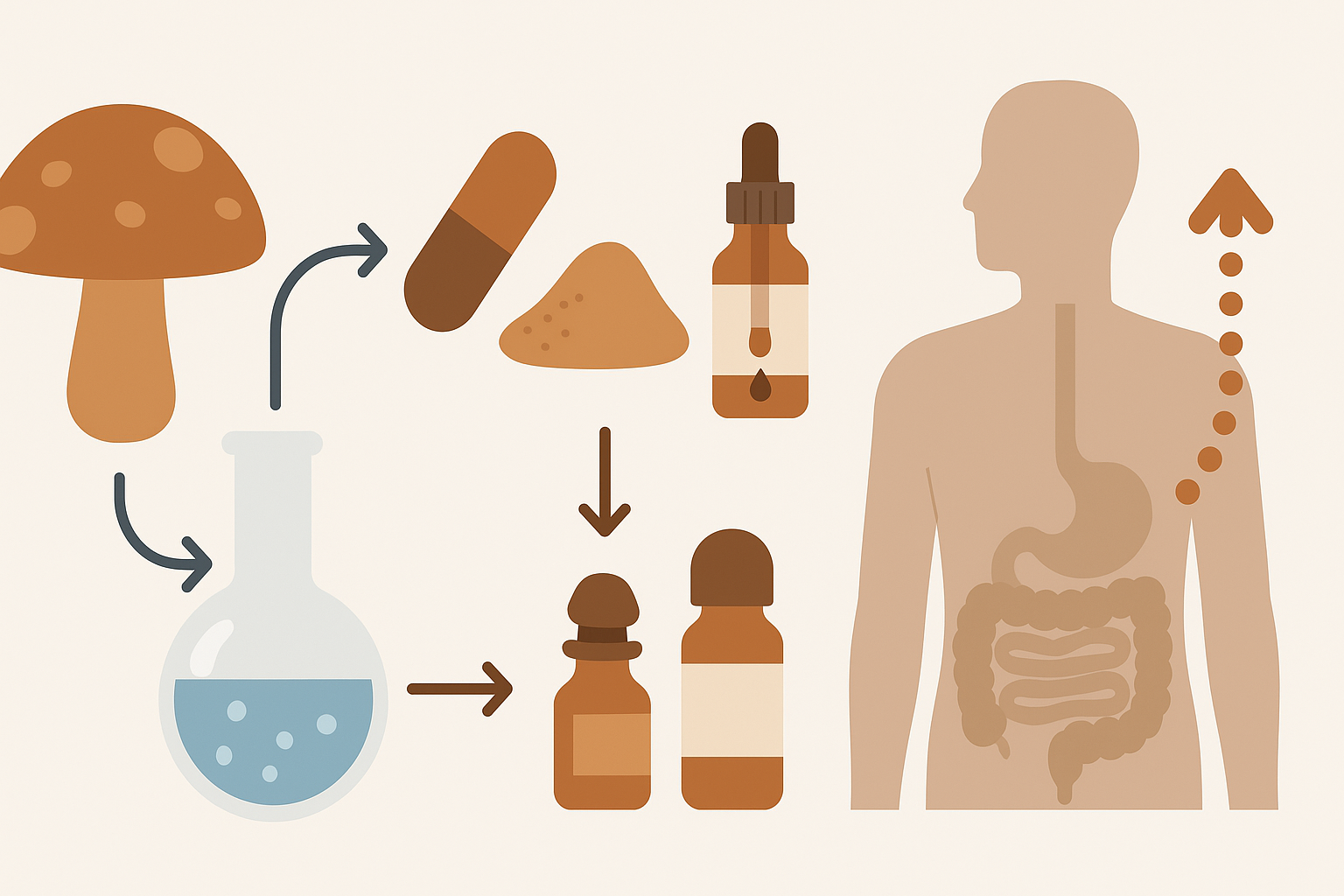 Infographic showing dual-extraction process and bioavailability pathways of super mushroom supplement formats including capsules, powders, and tinctures