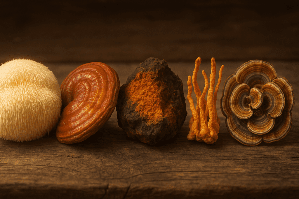Five medicinal mushrooms—lion’s mane, reishi, chaga, cordyceps, and turkey tail—displayed on wood in a natural-style medicinal mushroom chart.