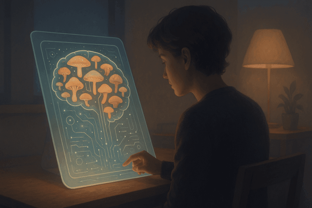 Person studying a glowing digital tablet displaying a stylized medicinal mushroom chart shaped like a brain, surrounded by mushrooms and futuristic symbols.