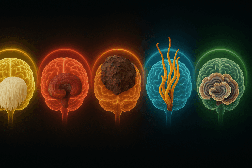 Medicinal mushroom chart showing five glowing brains overlaid with lion’s mane, reishi, chaga, cordyceps, and turkey tail mushrooms, each with a distinct aura color representing cognitive effects.