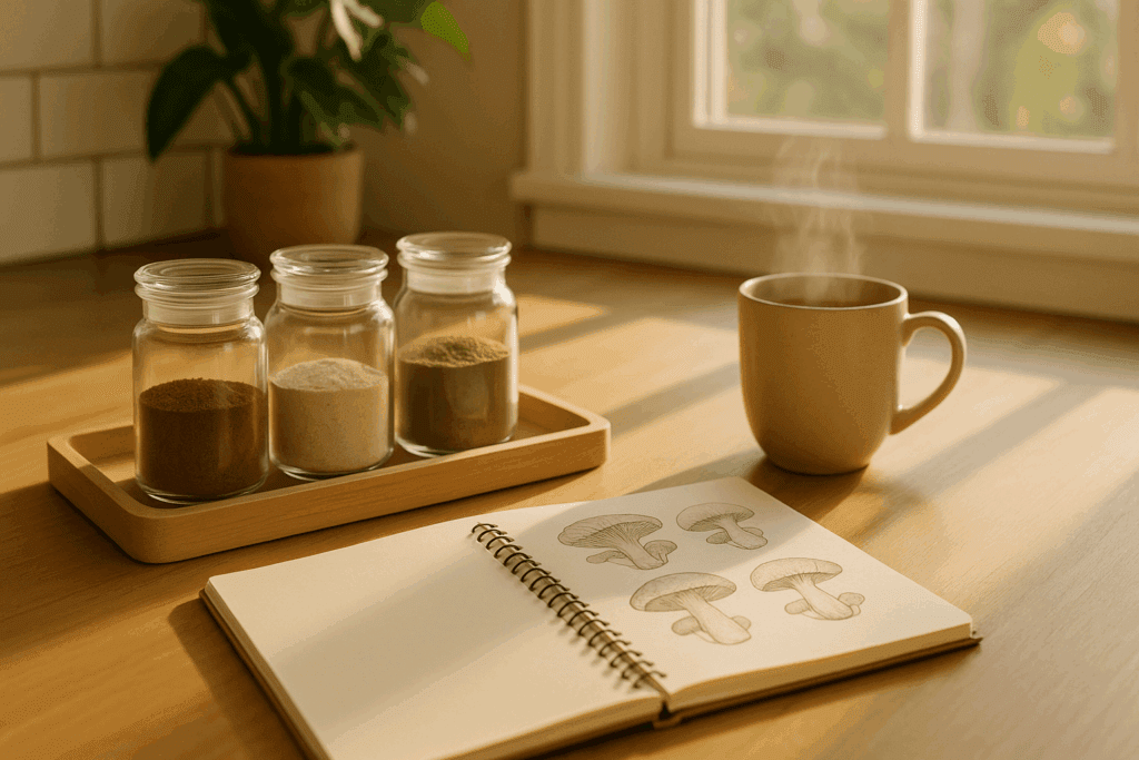 Morning sunlight in a wellness kitchen highlights a tea mug, glass jars of mushroom powders, and an open notebook featuring a medicinal mushroom chart.