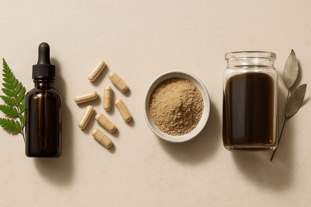 Flat-lay of a medicinal mushroom chart displaying tincture, capsules, powder, and fermented extract on a neutral background with botanical accents.