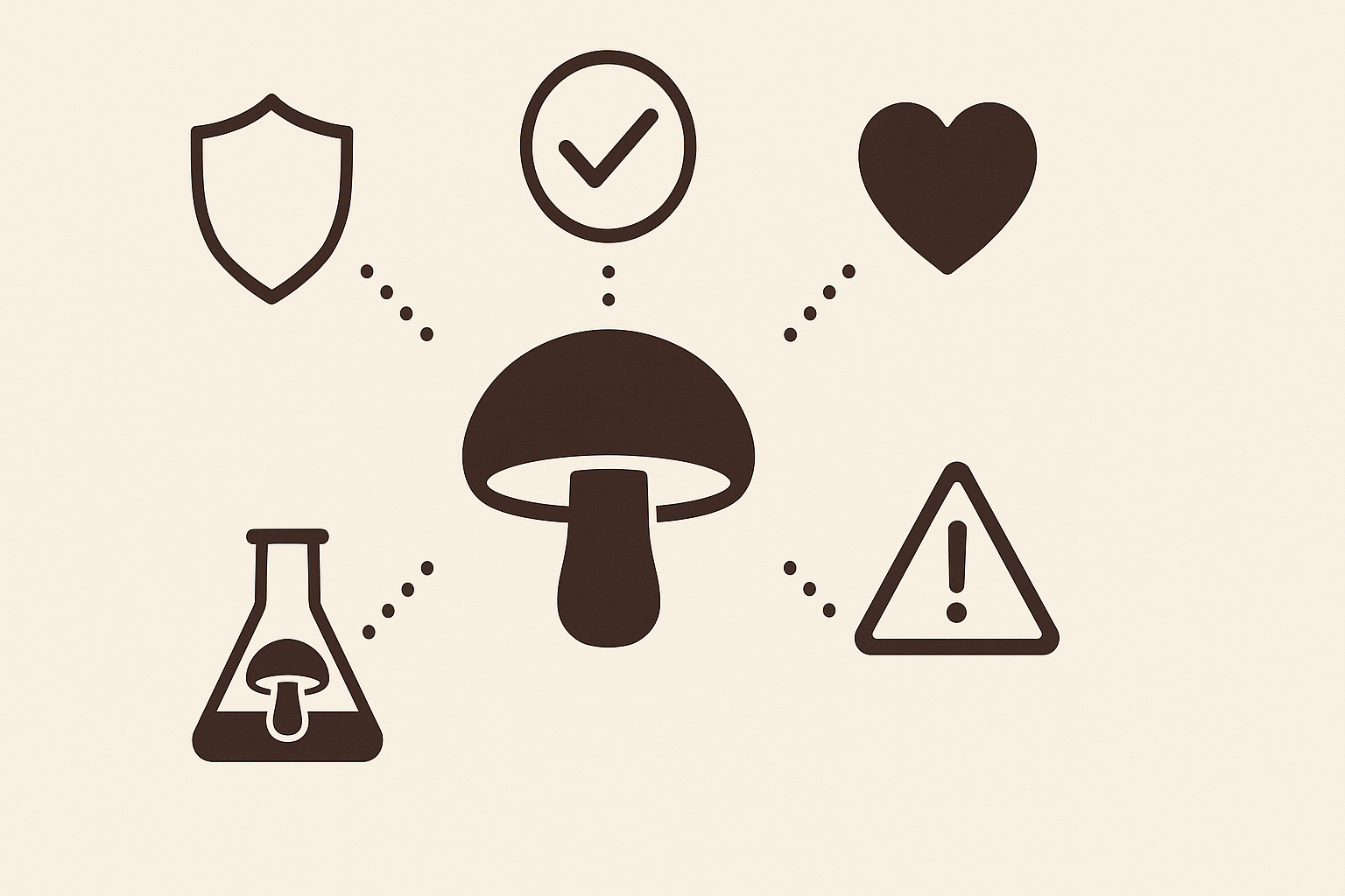 Infographic-style medicinal mushroom chart showing safety icons like a shield, checkmark, heart, lab flask, and caution symbol orbiting a central mushroom