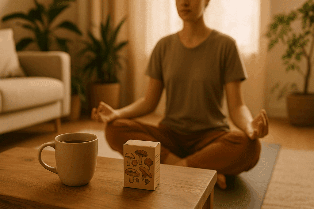 Person meditating in a sunlit living room with a teacup and box of supplements beside a medicinal mushroom chart on a wooden table, surrounded by indoor plants.