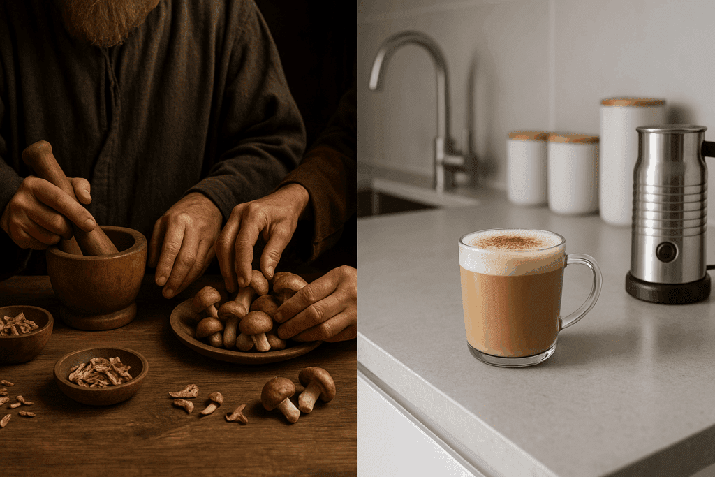 Ancient herbalists preparing mushrooms with mortar and pestle alongside a modern kitchen counter with a freshly made mushroom drink for sleep