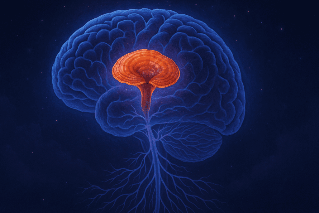 Artistic rendering of a glowing reishi mushroom inside the human brain, symbolizing the calming effects of a mushroom drink for sleep.