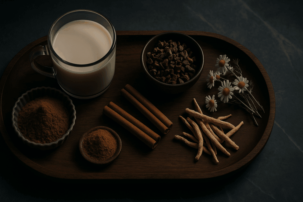 Flat lay of ingredients for a mushroom drink for sleep, including reishi powder, almond milk, cacao nibs, cinnamon sticks, ashwagandha root, and chamomile flowers on a wooden tray.