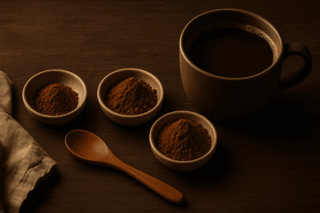 Three small bowls with low, medium, and high doses of reishi powder beside a cup of mushroom drink for sleep, on a wooden table with a spoon and linen napkin in warm, dim lighting.