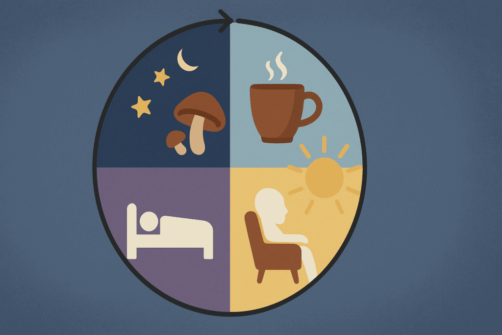 Circular infographic showing a 24-hour circadian rhythm cycle with symbolic icons for sleep, wakefulness, rest, cognitive focus, and a mushroom drink for sleep under a starry night sky.