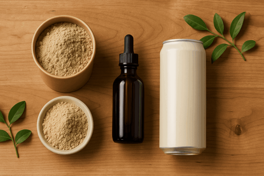 Variety of mushroom drink for sleep products in powder, tincture, and canned forms on a wooden background with green leaves.