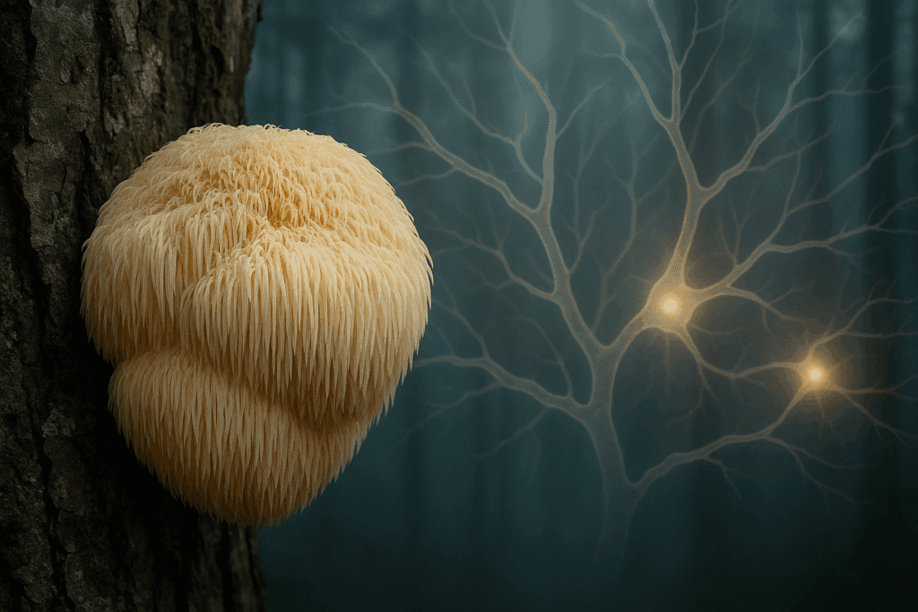 Lion’s Mane mushroom growing on a mossy tree in a misty forest with glowing neurons in the background, symbolizing cognitive benefits of the best nootropic mushrooms