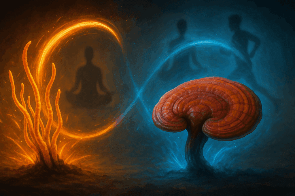 Cordyceps and Reishi glowing in an energy loop with blurred figures meditating and running, symbolizing the best nootropic mushrooms for focus and stamina.