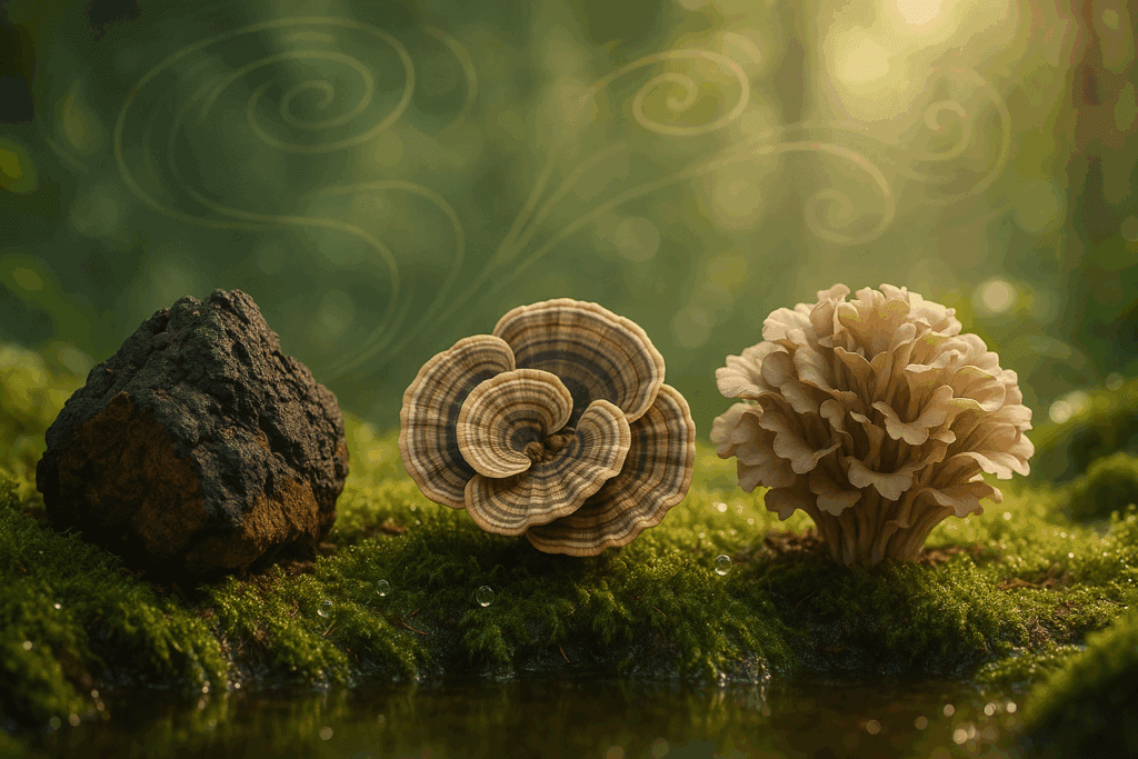 Chaga, Turkey Tail, and Maitake—the best nootropic mushrooms—rest on a mossy forest floor under soft sunlight with dewdrops and swirling air patterns.