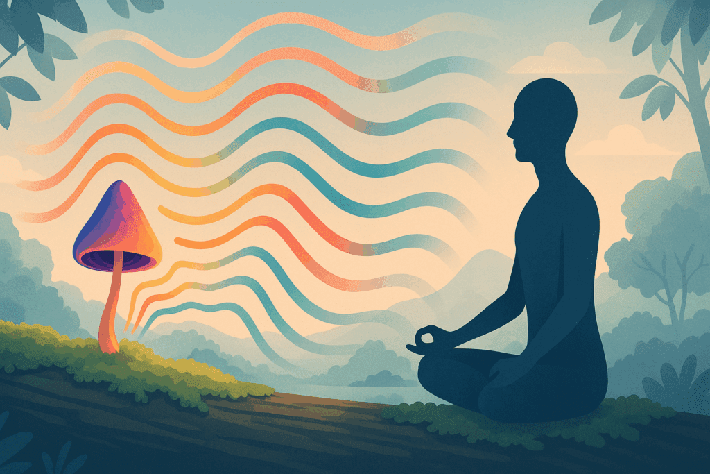 Colorful waves radiate from a small mushroom on a mossy log toward a meditating figure in a forest, symbolizing microdosing with the best nootropic mushrooms.