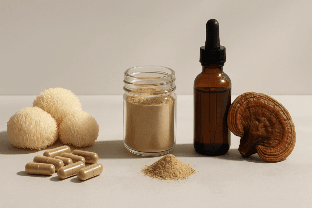 Mushroom supplements in capsule, powder, and tincture form displayed with fresh fungi, representing the best nootropic mushrooms for wellness.