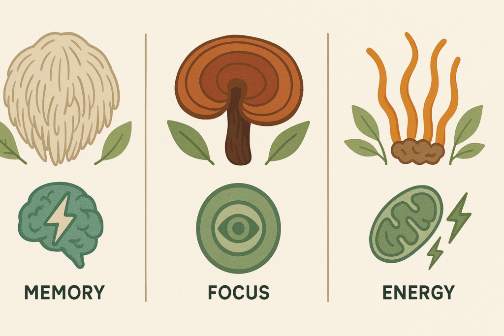 Scientific infographic comparing the best nootropic mushrooms—Lion’s Mane for memory, Reishi for focus, and Cordyceps for energy