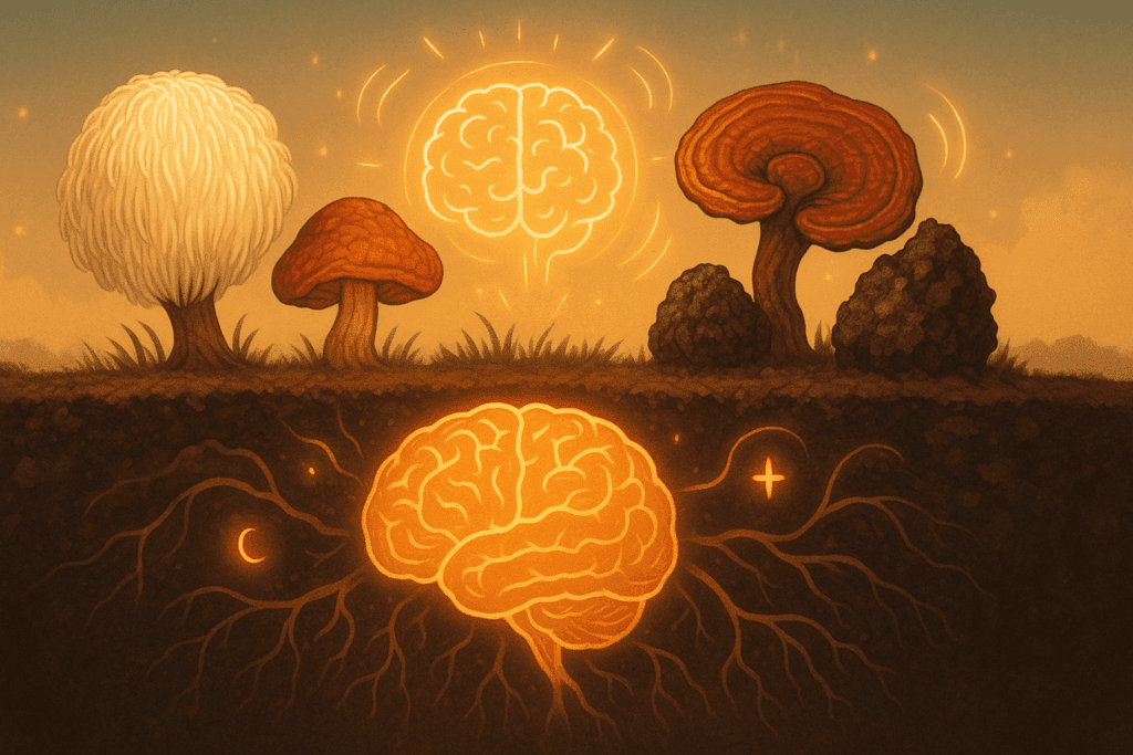 Illustration of the best nootropic mushrooms—Lion’s Mane, Reishi, and Chaga—growing from a glowing brain-shaped root system beneath the soil.