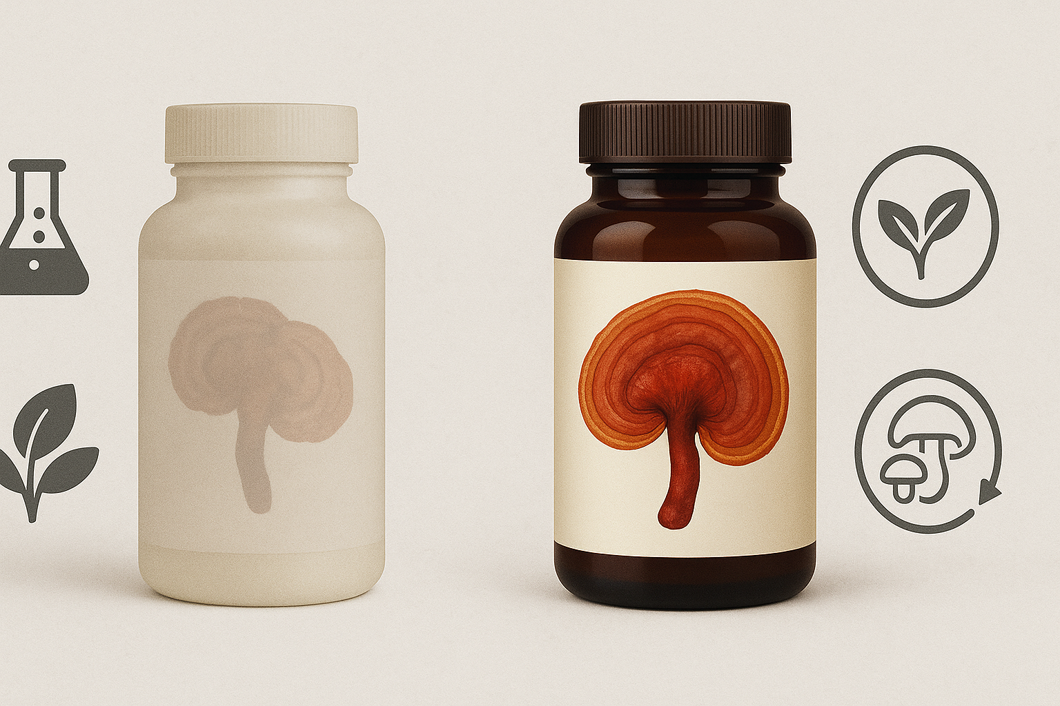 Side-by-side comparison of low-quality and high-quality supplement bottles highlighting key traits of the best Reishi mushroom supplement for sleep