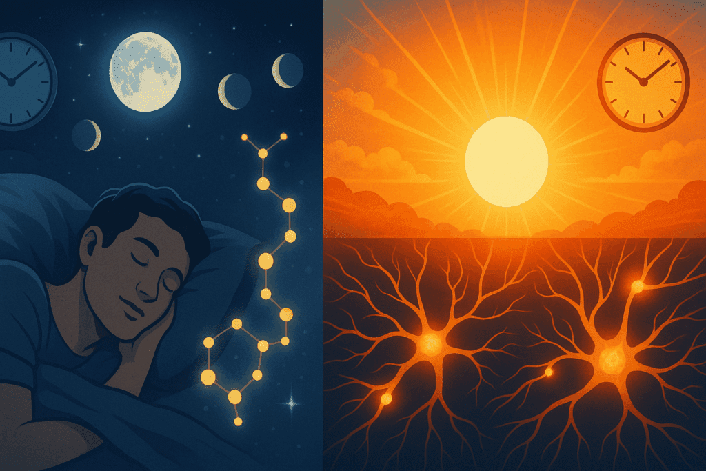 Split-scene of a person sleeping under moonlight and melatonin symbols, contrasted with sunrise and neurons firing—visualizing how the best reishi mushroom supplement for sleep supports the circadian rhythm.