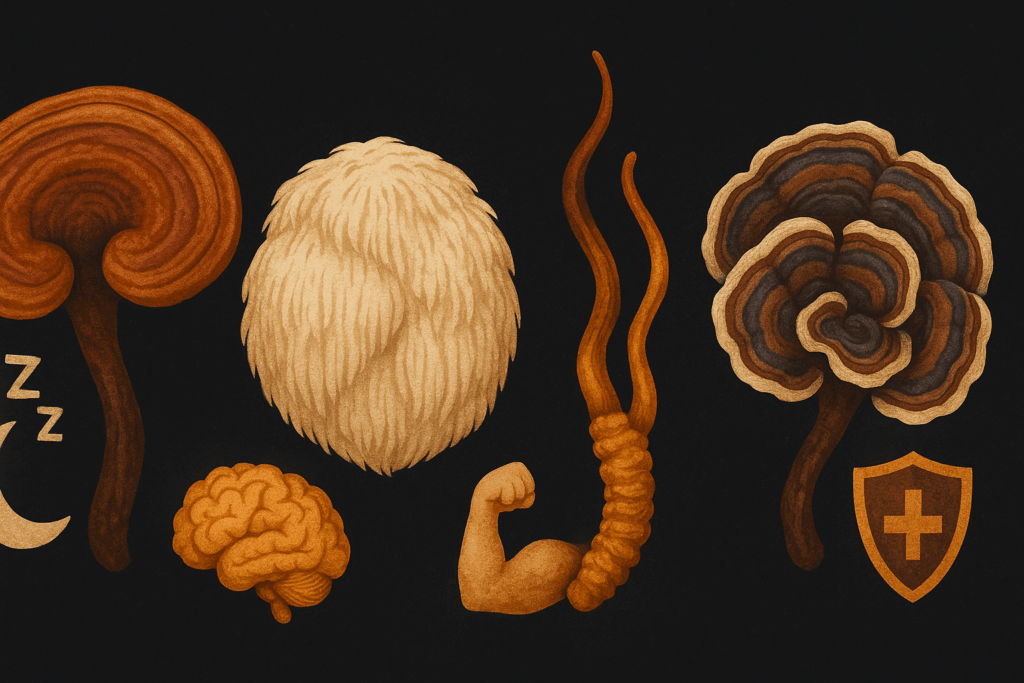 Stylized comparison of four functional mushrooms—Reishi, Lion’s Mane, Cordyceps, and Turkey Tail—highlighting benefits like sleep, cognition, endurance, and immunity to illustrate the best reishi mushroom supplement for sleep.