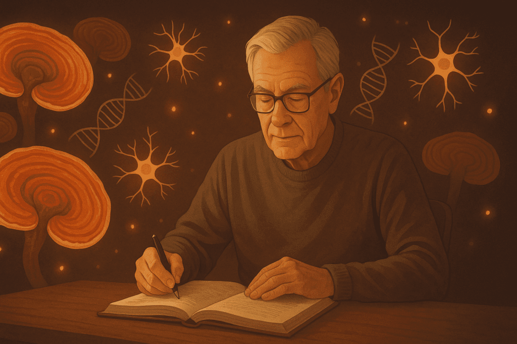 Elderly man reading calmly at a desk surrounded by glowing Reishi mushrooms, neurons, and DNA strands—symbolizing the best Reishi mushroom supplement for sleep and cognitive longevity.