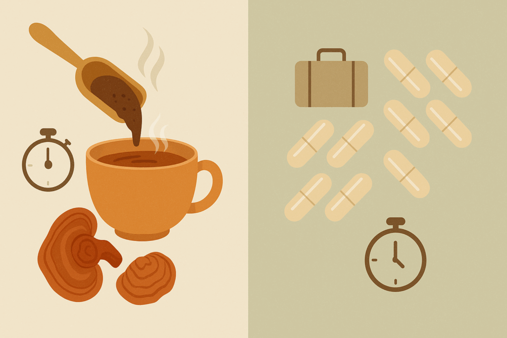 Infographic comparing powder and capsules as delivery forms of the best reishi mushroom supplement for sleep using icons of tea, capsules, stopwatch, and suitcase.