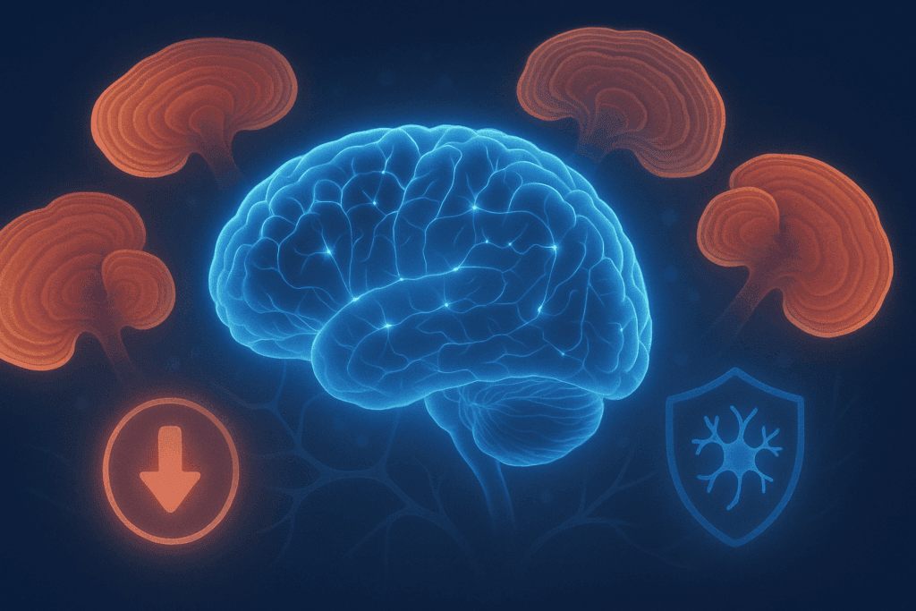 Glowing human brain with neural connections surrounded by calming Reishi mushrooms, symbolizing the best Reishi mushroom supplement for sleep and cognitive support.