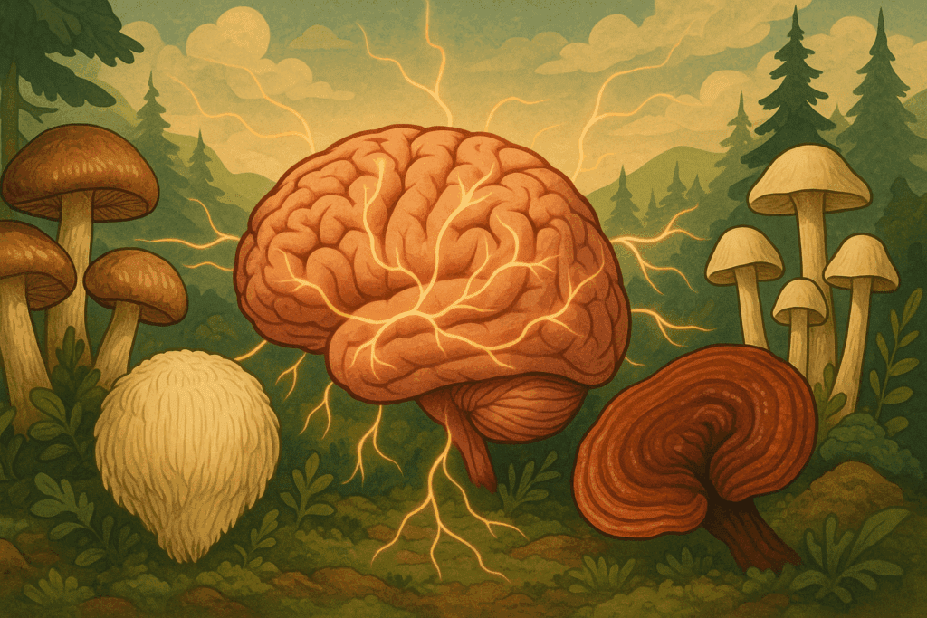 Stylized forest scene featuring a human brain surrounded by the top 10 healthiest mushrooms like Lion’s Mane, Shiitake, and Reishi with glowing neural pathways.