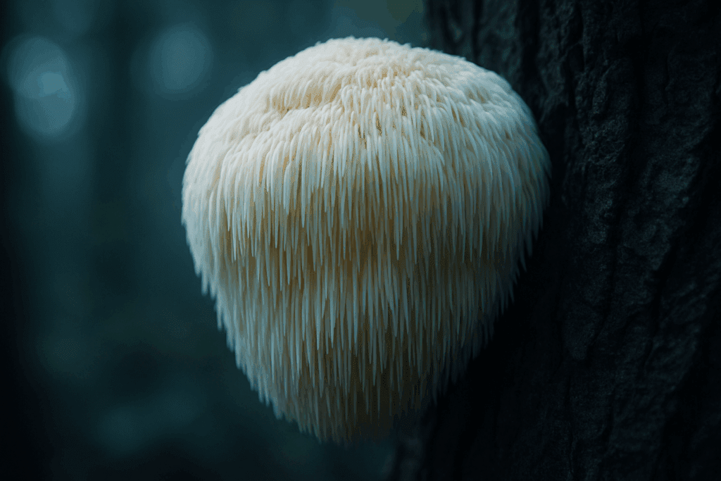 Lion’s Mane mushroom growing on a tree trunk in the wild, symbolizing brain health and featured among the top 10 healthiest mushrooms.