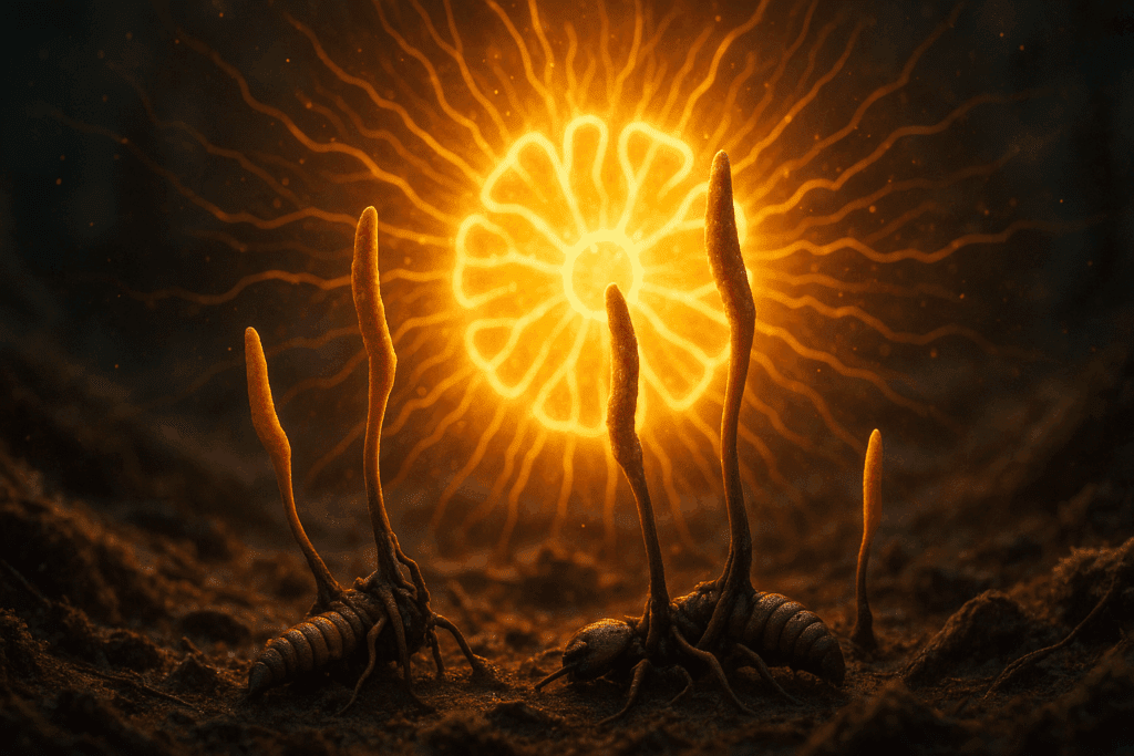 Cordyceps mushrooms sprouting from forest insects with a glowing energy burst in the background, symbolizing cognitive vitality among the top 10 healthiest mushrooms