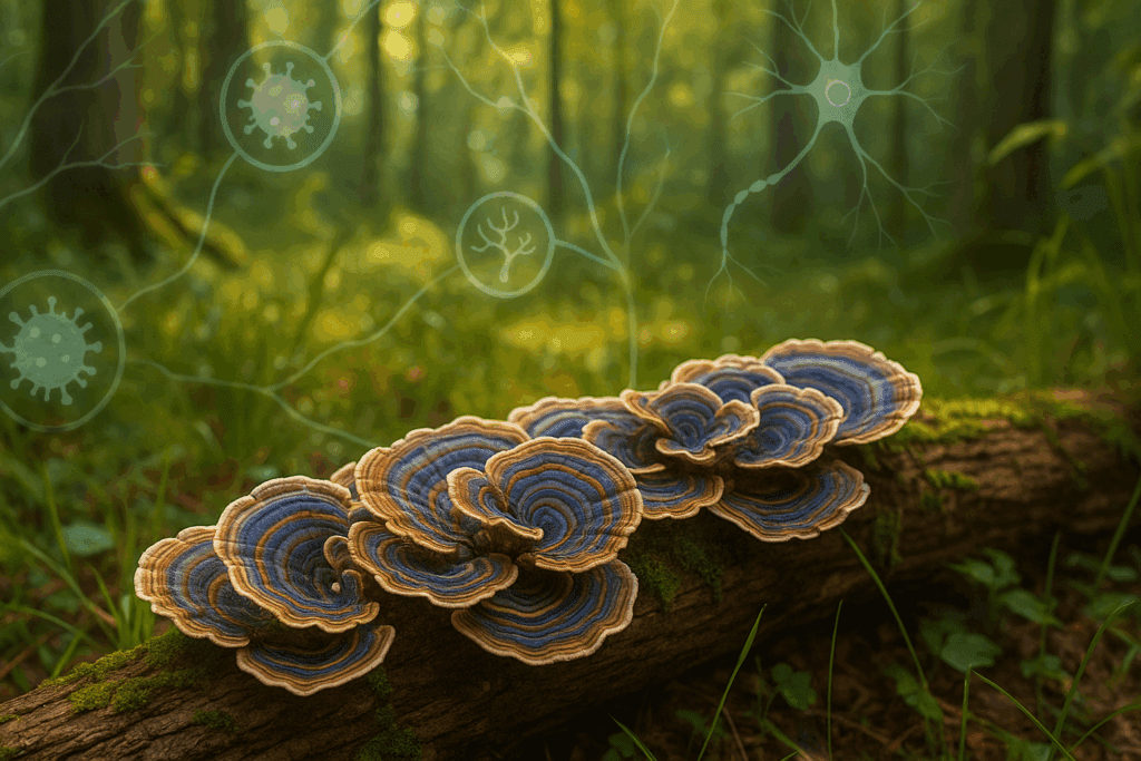 Colorful Turkey Tail mushrooms growing on mossy wood in a forest, symbolizing immune benefits of the top 10 healthiest mushrooms