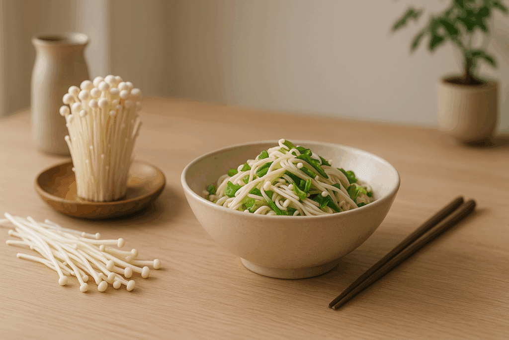 Fresh enoki mushroom noodle salad in a minimalist kitchen setting, highlighting one of the top 10 healthiest mushrooms in Asian cuisine.