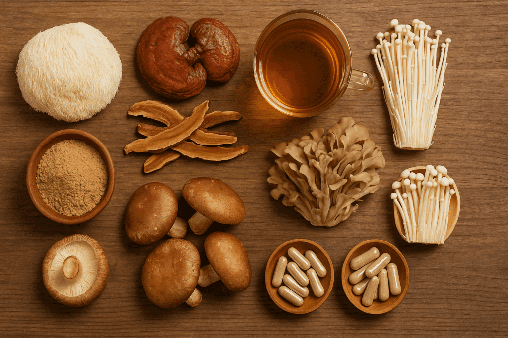 Variety of the top 10 healthiest mushrooms including Lion’s Mane, Reishi, Maitake, Shiitake, and Enoki in fresh, dried, powdered, capsule, and tea forms on a wooden table