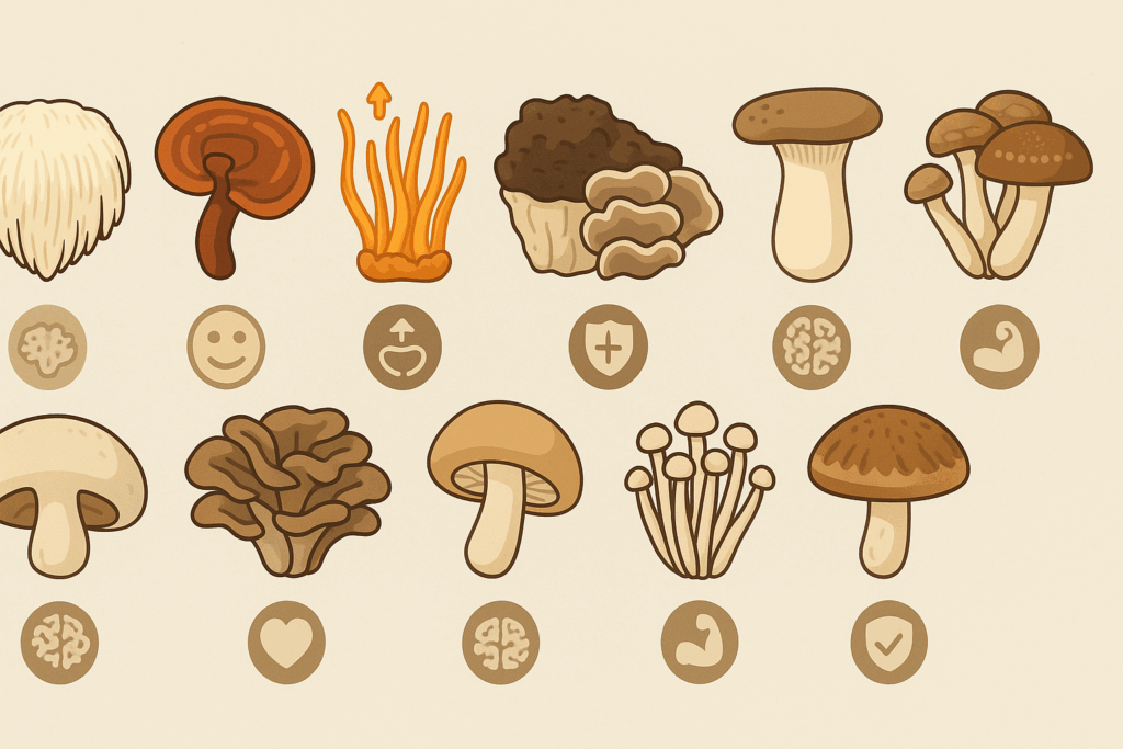 Infographic-style illustration comparing the top 10 healthiest mushrooms for brain health, immunity, and stress relief using icon-based visuals