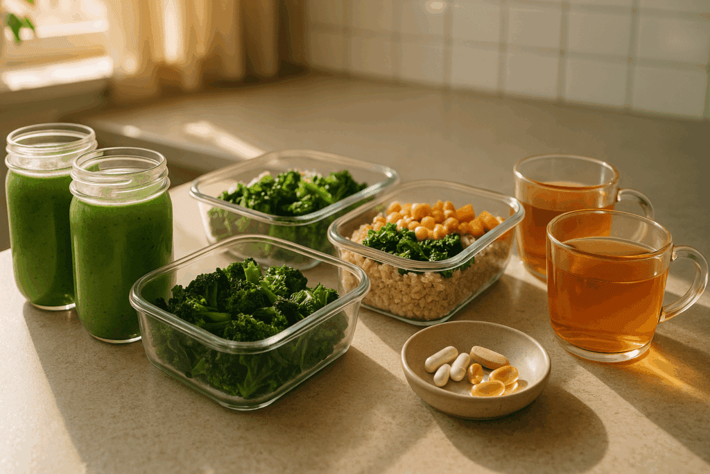 Meal prep with green smoothies, cruciferous vegetables, and teas on a kitchen counter showing what vegetables give you energy