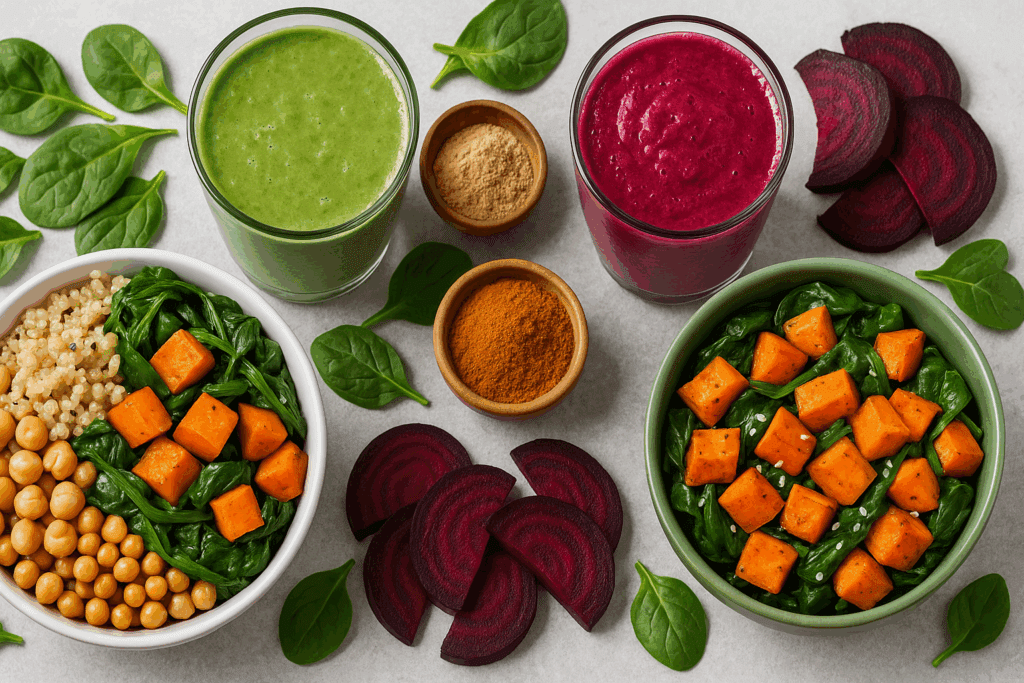 Prepared bowls and smoothies featuring spinach, beets, and sweet potatoes with adaptogens like ashwagandha and lion’s mane, illustrating what vegetables give you energy naturally.