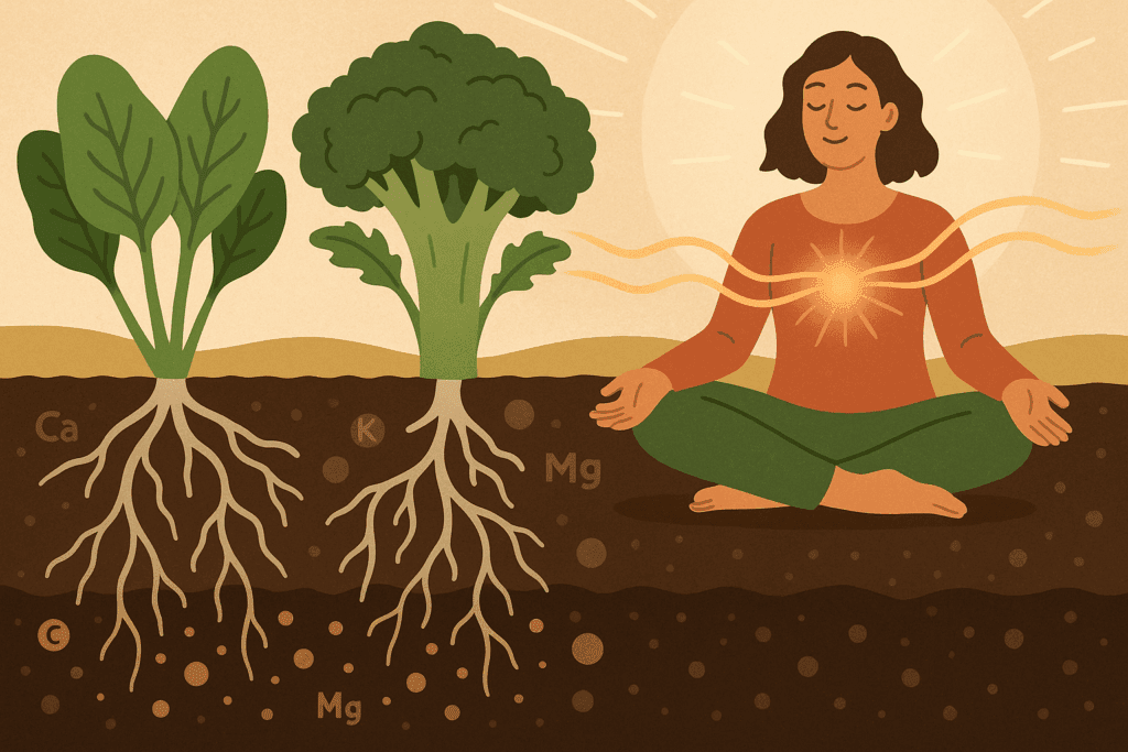 Infographic showing what vegetables give you energy by linking nutrient-rich soil to spinach and broccoli roots, energizing a calm person through mineral absorption.