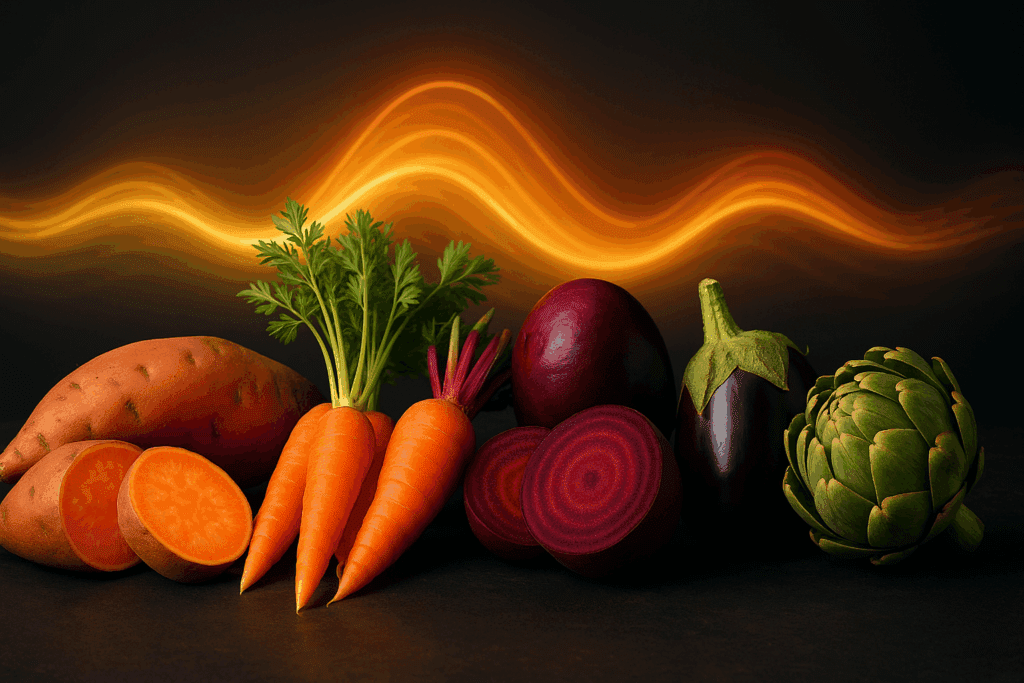 Colorful arrangement of sweet potatoes, carrots, beets, eggplant, and artichoke with a glowing energy wave in the background, illustrating what vegetables give you energy.